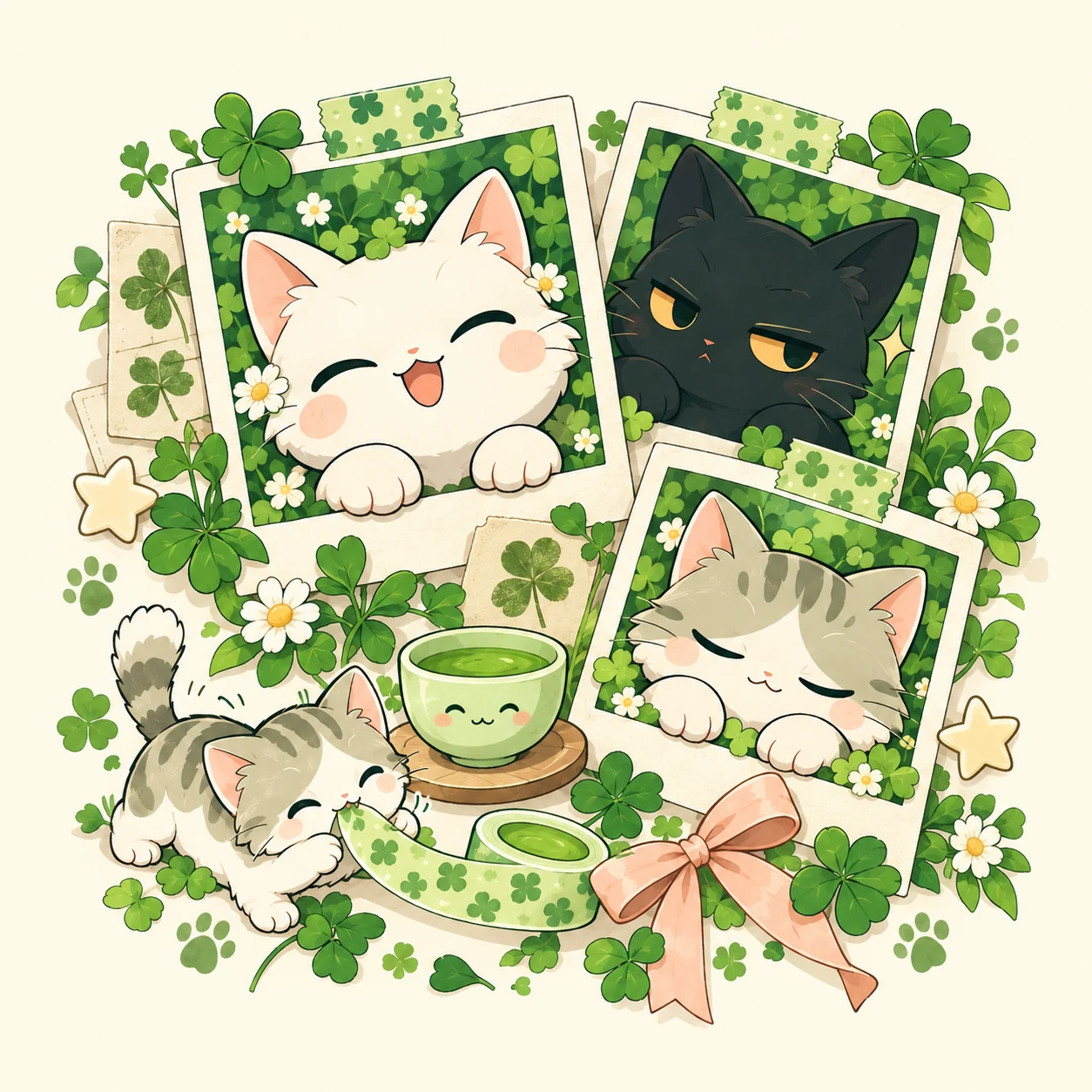 Four expressive FOMO CAT portraits in a botanical scrapbook with clovers and matcha